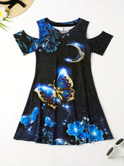 Girls 3D Butterfly Cold Shoulder Dress for Summer Party