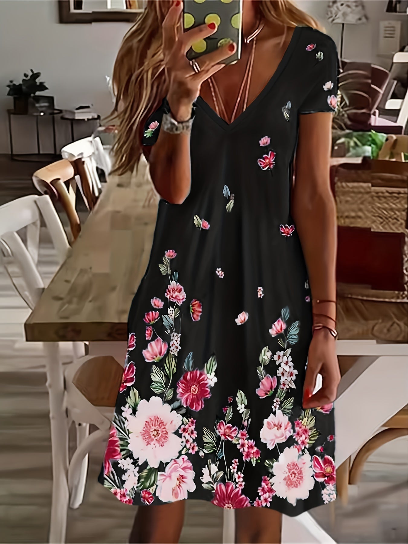 Floral Print V Neck Casual Dress Short Sleeve Summer Spring Women's Clothing
