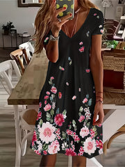 Floral Print V Neck Casual Dress Short Sleeve Summer Spring Women's Clothing