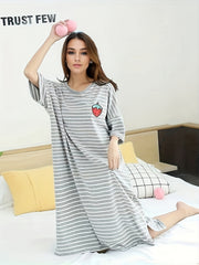 Strawberry Print Lounge Dress Short Sleeve Crew Neck Striped Home Dress
