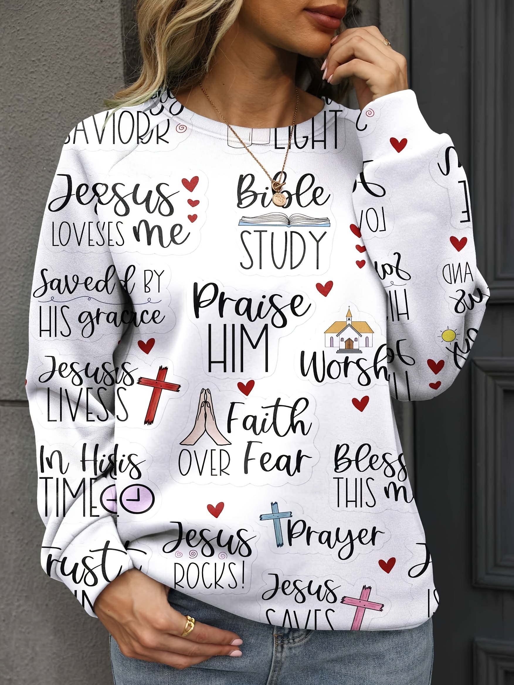 Jesus Letter Printed Sweatshirt Crew Neck Long Sleeve