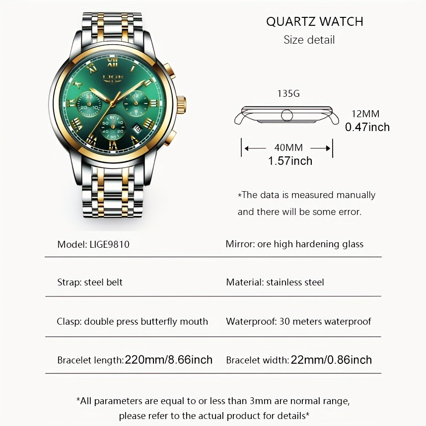 LIGE Golden Men Watches Waterproof Steel Bracelet Wristwatch