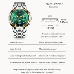 LIGE Golden Men Watches Waterproof Steel Bracelet Wristwatch