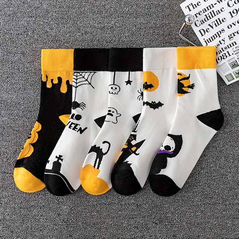 5 Pairs Skull & Bat Print Socks Halloween Crew Socks Women's Stockings