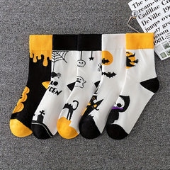 5 Pairs Skull & Bat Print Socks Halloween Crew Socks Women's Stockings