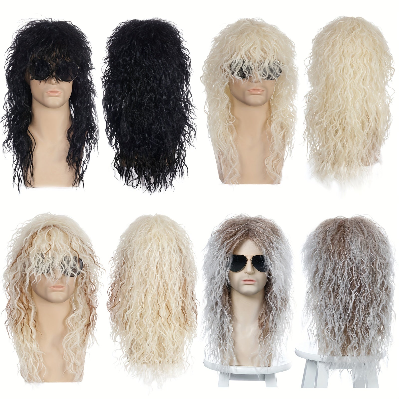 Halloween 80s Men's Wig Long Curly Hair Punk Rock Headgear Masquerade Party