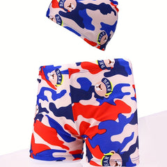 Boys Camo Swim Trunks & Cap Quick Dry for Beach Vacation Kids Summer Clothes
