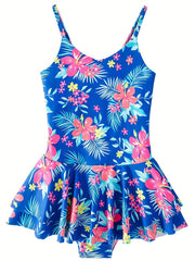 Girls' Floral & Leaves Print Swimsuit for Pool Parties