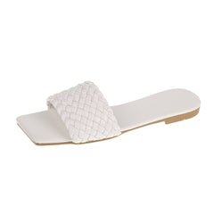 Women's Braided Flat Slides Solid Square Open Toe Non Slip Slides Shoes