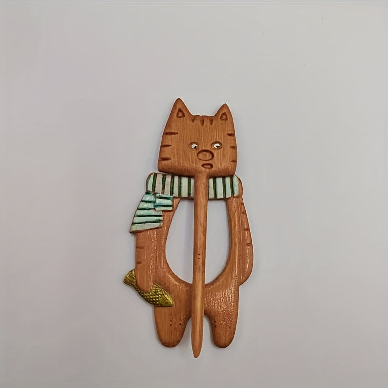 Wooden Cat Wearing Scarf Pin - Animal Pattern Pin For Girls