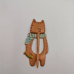 Wooden Cat Wearing Scarf Pin - Animal Pattern Pin For Girls