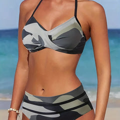 Camo Layered Ruched Bikini Sets Halter V Neck Backless High Cut Two Pieces Swims