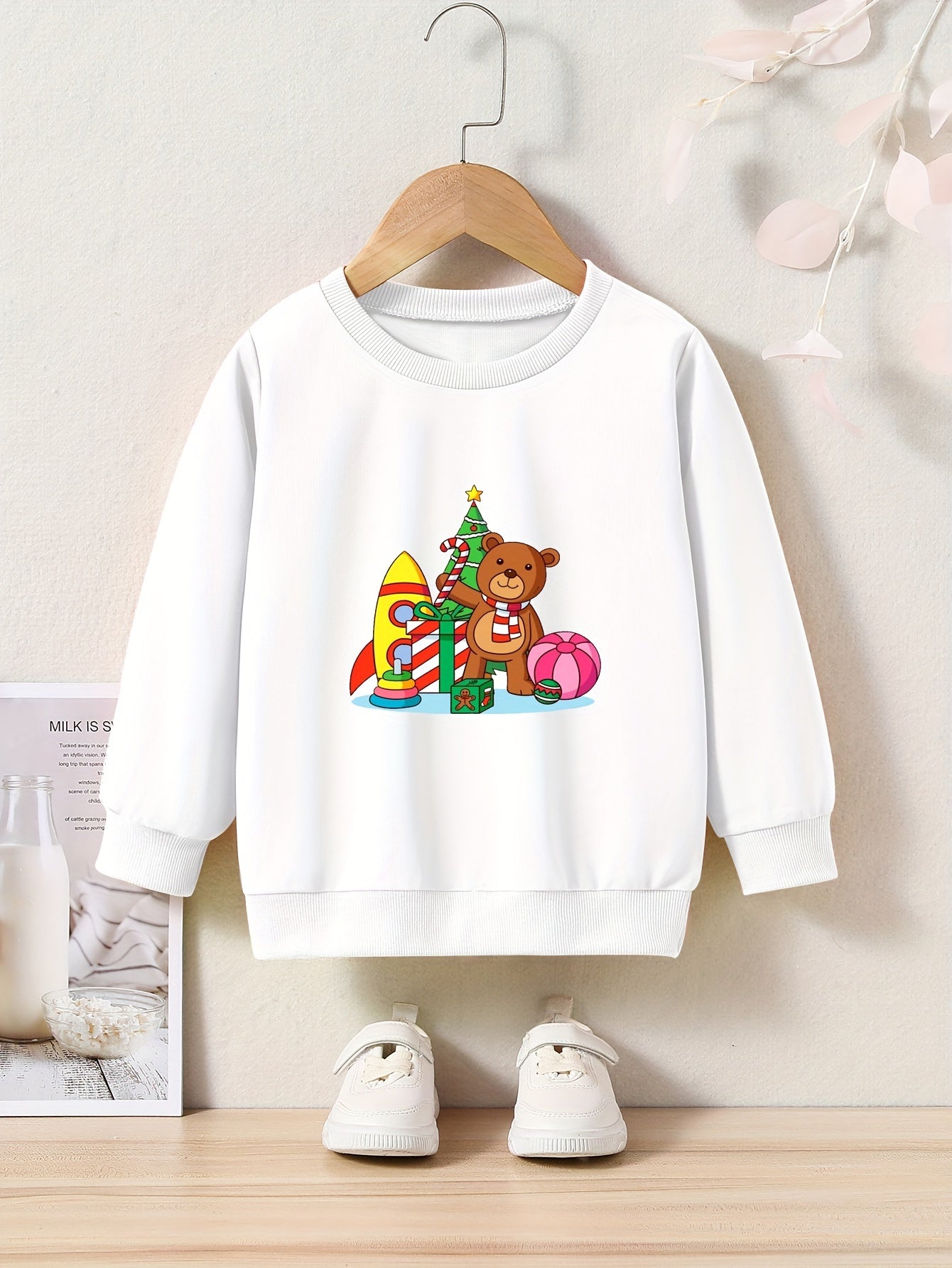 Christmas Bear Print Girls Pullover Sweatshirt Long Sleeve Crew Neck Tops