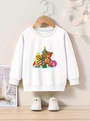 Christmas Bear Print Girls Pullover Sweatshirt Long Sleeve Crew Neck Tops