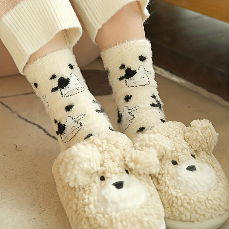 3 Pairs Cartoon Print Socks Comfy & Fuzzy Warm Women's Stockings