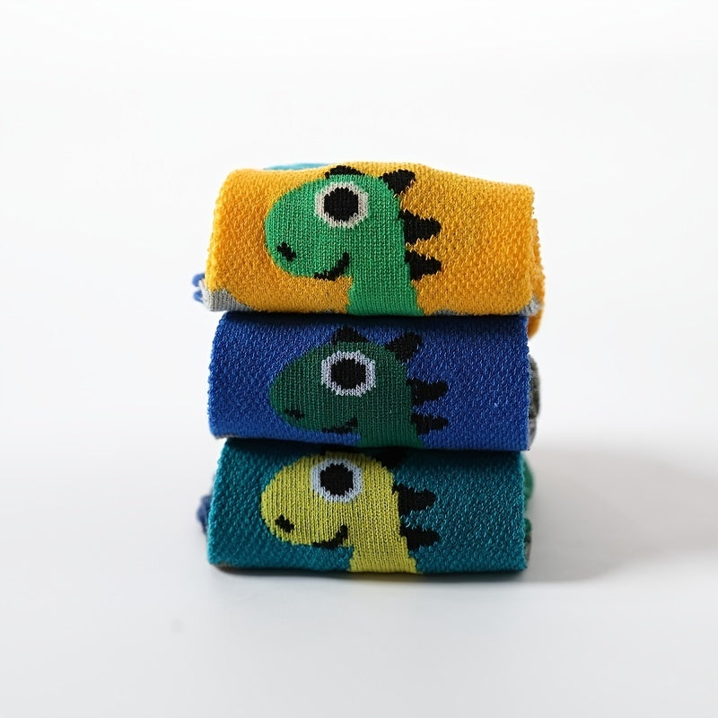 5 Pairs Boys Dino Print Crew Socks, Mesh Breathable Cotton, Spring & Summer