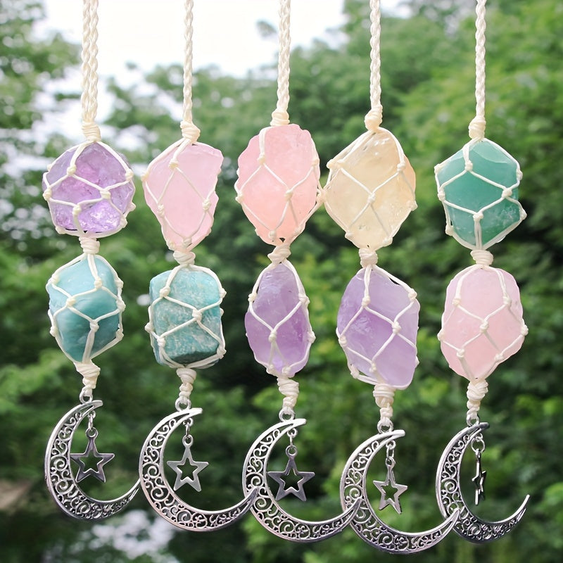Natural Crystal Raw Hanging Car Charm - Star Moon Charm Rearview Mirror Decor