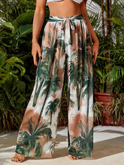 Print Cover Up Pants Wide Legs Semi Sheer Beachwear Trousers