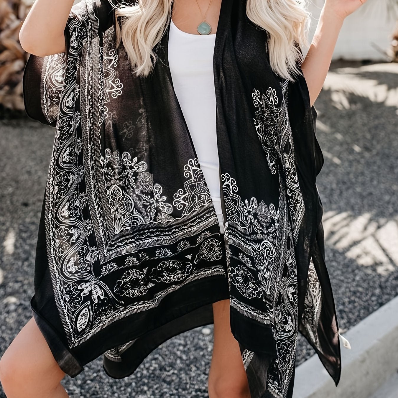 Paisley Print Cape Sleeve Beach Cover Up