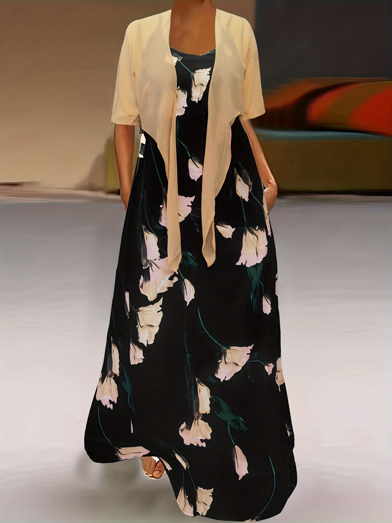 2-Piece Set Semi Sheer Knot Front Top & Floral Print Criss Cross Dress