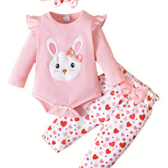 Baby Girl 3pcs Outfit Rabbit Graphic Romper & Trousers Set With Headband