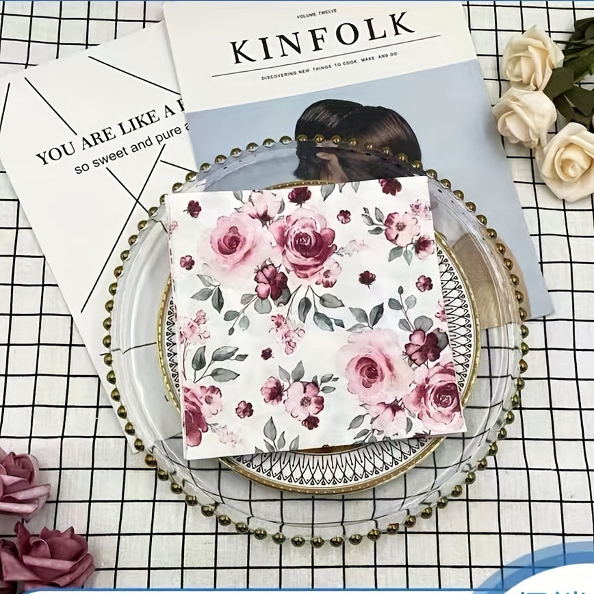 20 Pack Disposable Red Rose Print Napkins, Soft & Absorbent