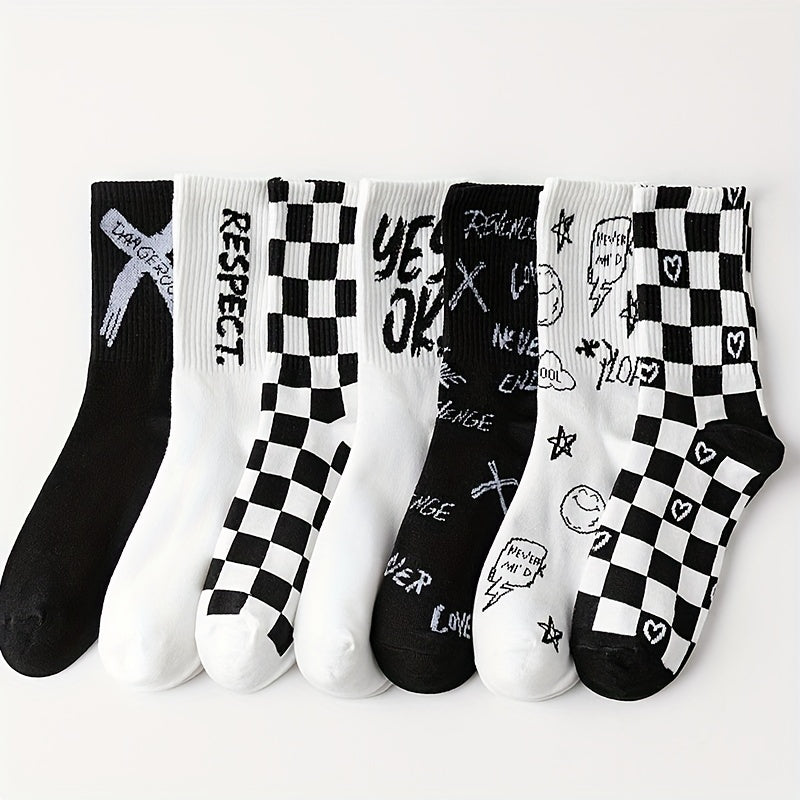 7 Pairs Letter & Plaid Print Socks - Casual Street Women's Stockings & Hosiery