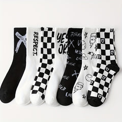 7 Pairs Letter & Plaid Print Socks - Casual Street Women's Stockings & Hosiery