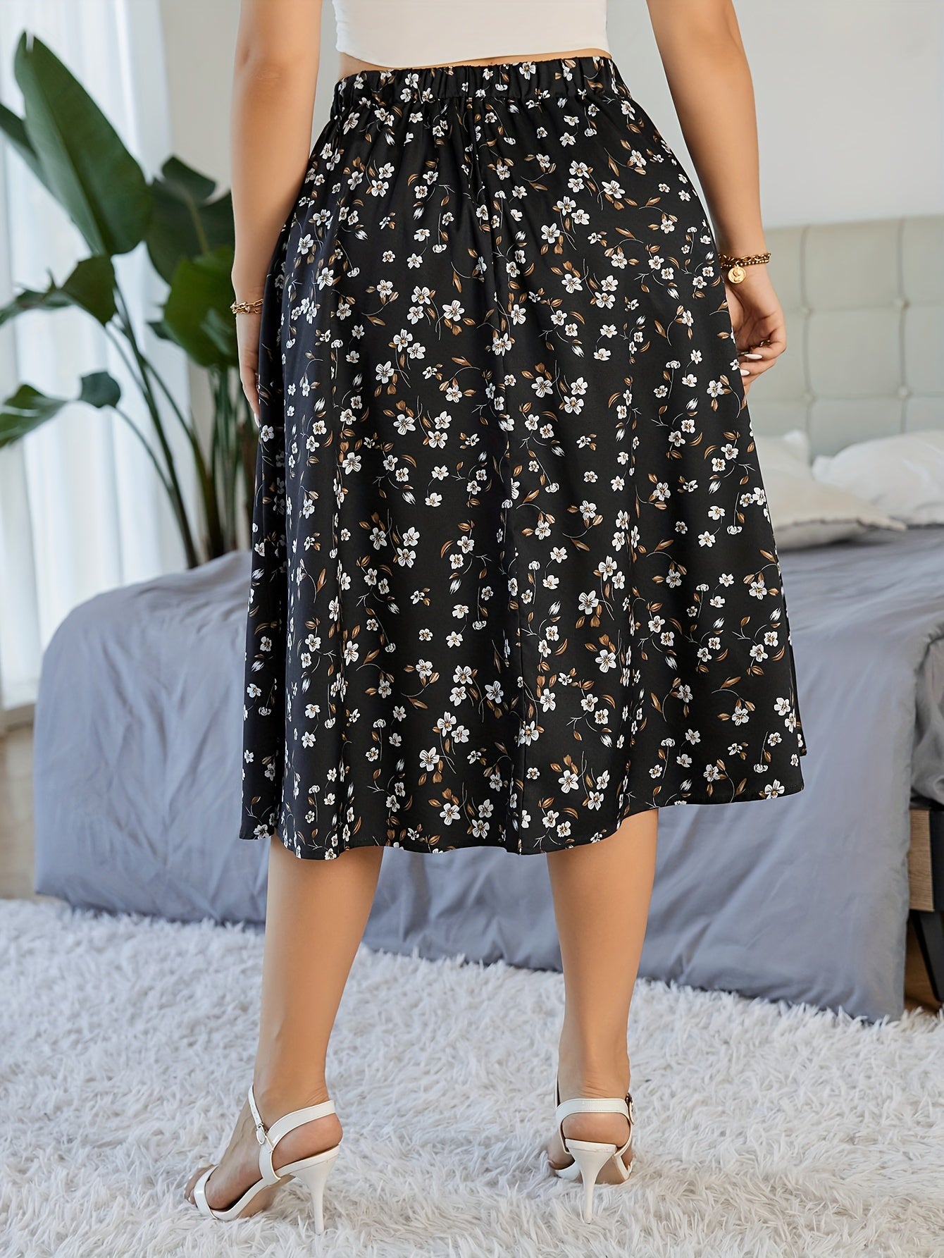 Boho Skirt Women's Allover Floral Print Nipped Waist Loose Fit Skirt