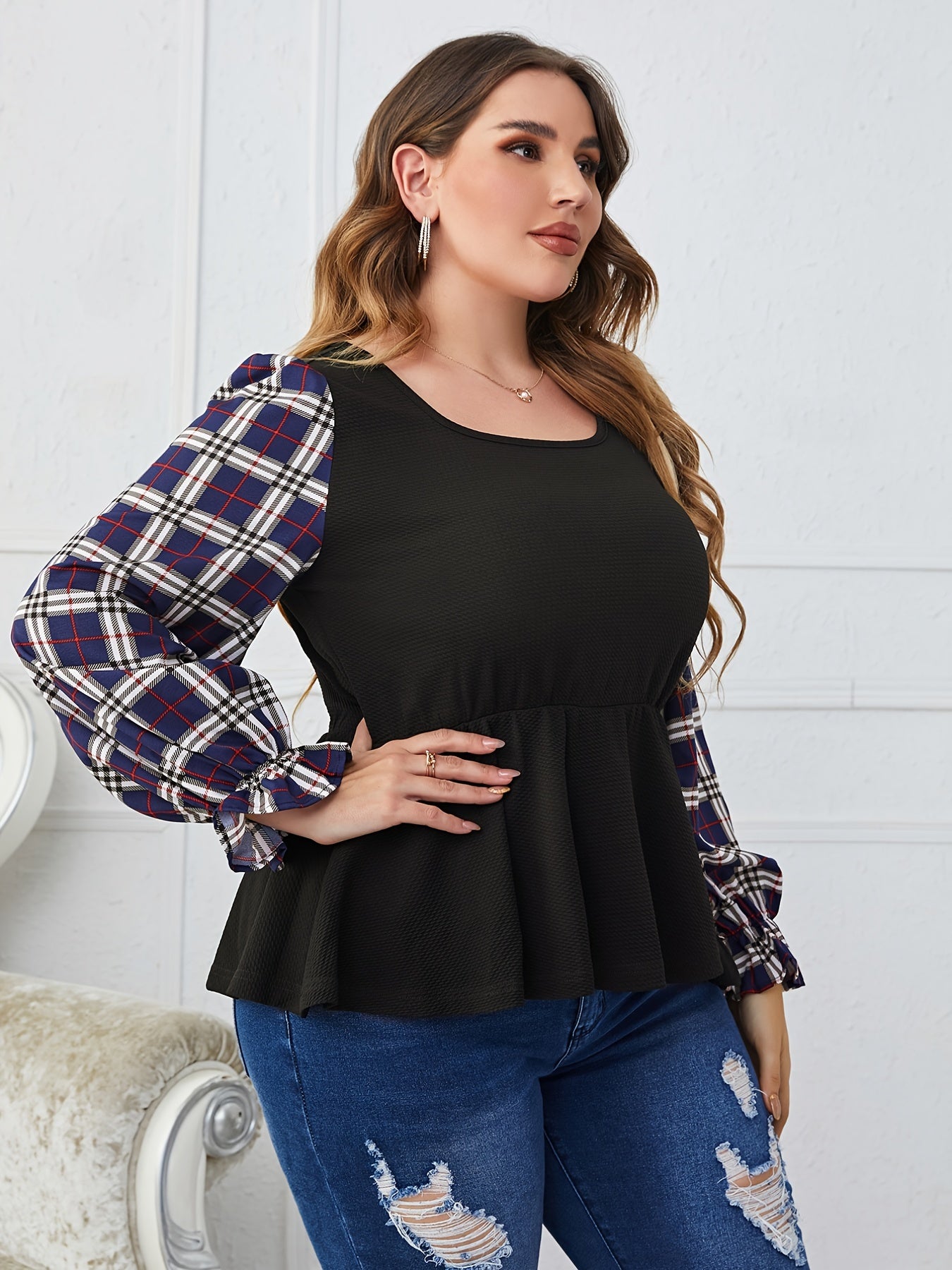 Plaid Print Long Sleeve Square Neck Top Women's Plus Size
