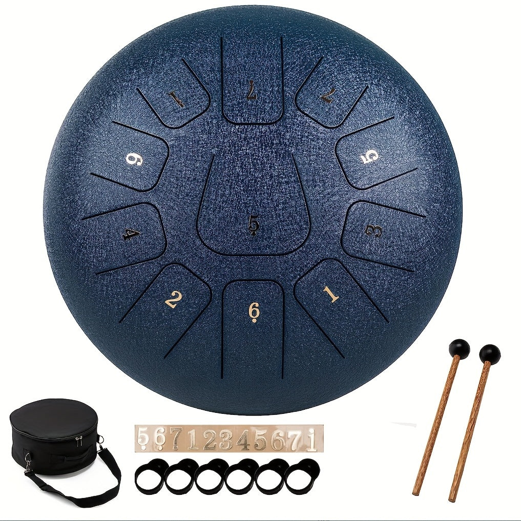 Steel Tongue Drum 11 Note 12 Inch with Music Book, Mallets and Carry Bag