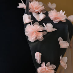 Romantic Lace Bridal Veil with Floral Embroidery & Pink Flowers