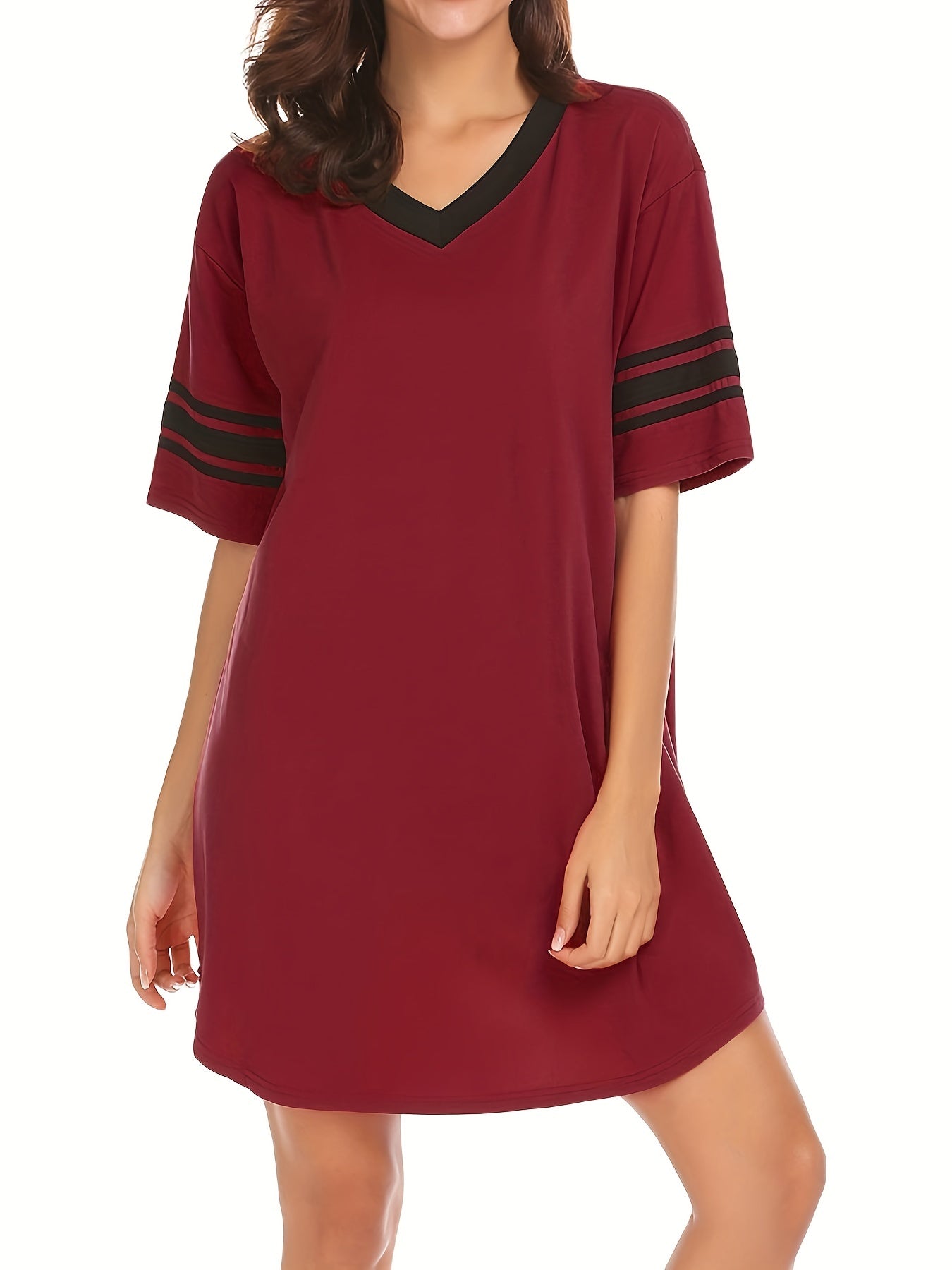 Striped Short Sleeve Lounge Dress Soft & Comfy V Neck Home Dress Women's Lounge