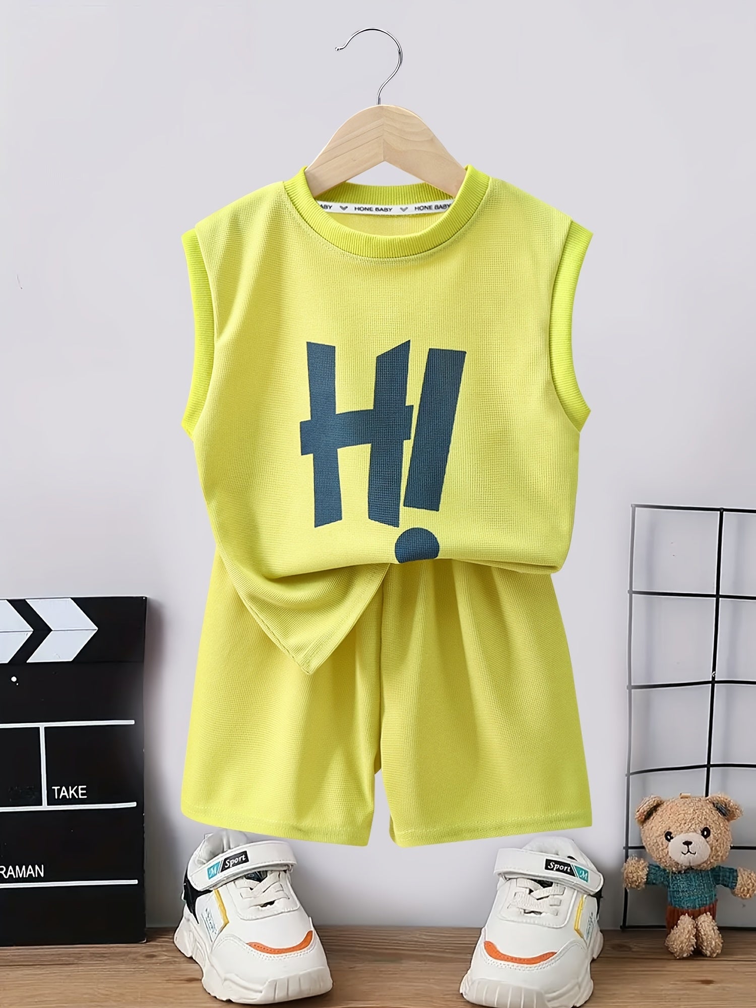 HI Letter Boys Sleeveless Tank Tops&Shorts Set Casual Fitness Vest&Shorts