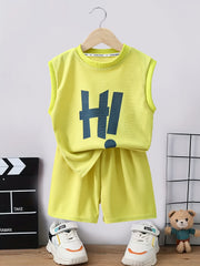 HI Letter Boys Sleeveless Tank Tops&Shorts Set Casual Fitness Vest&Shorts