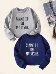 2pcs Sister Letter Print Boys Sweatshirt Crew Neck Tops Kids Clothing