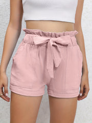 Ruffle Trim Shorts with Tie Waist, Casual Pockets Solid Shorts
