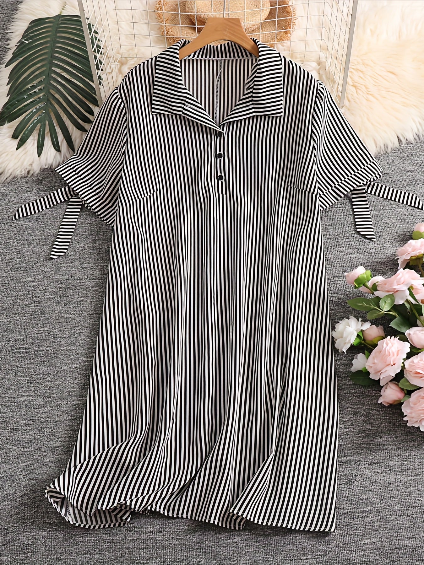 Casual Dress Women's Plus Stripe Print Knot Short Sleeve Polo Neck