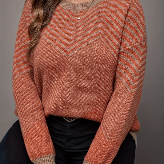 Casual Stripe Print Sweater Long Sleeve Round Neck Jumper