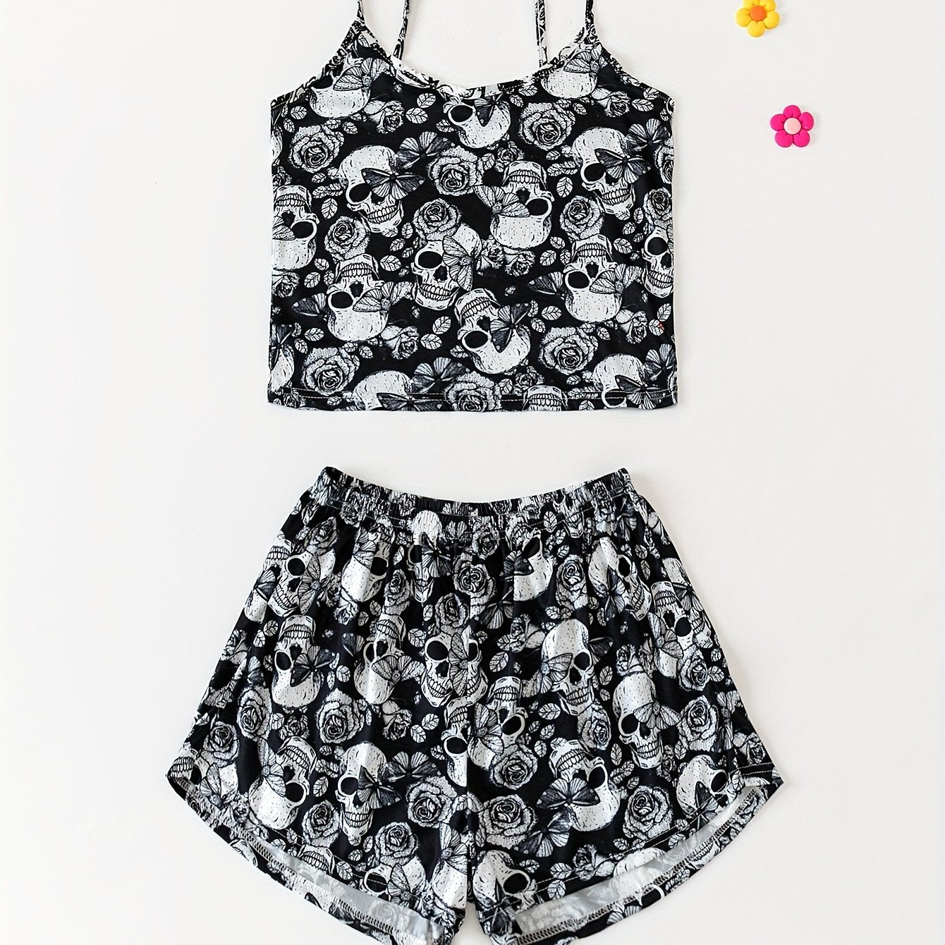 Skull Print Halloween Pajama Set Crew Neck Cami Top & Elastic Waistband Shorts