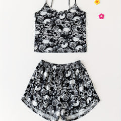 Skull Print Halloween Pajama Set Crew Neck Cami Top & Elastic Waistband Shorts