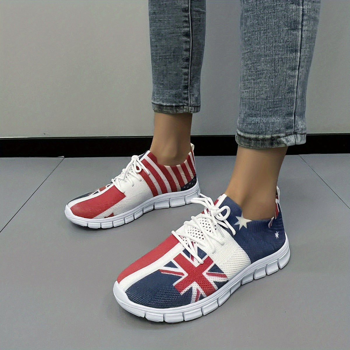 Women's Flag Pattern Knitted Sneakers Low Top Sports Shoes