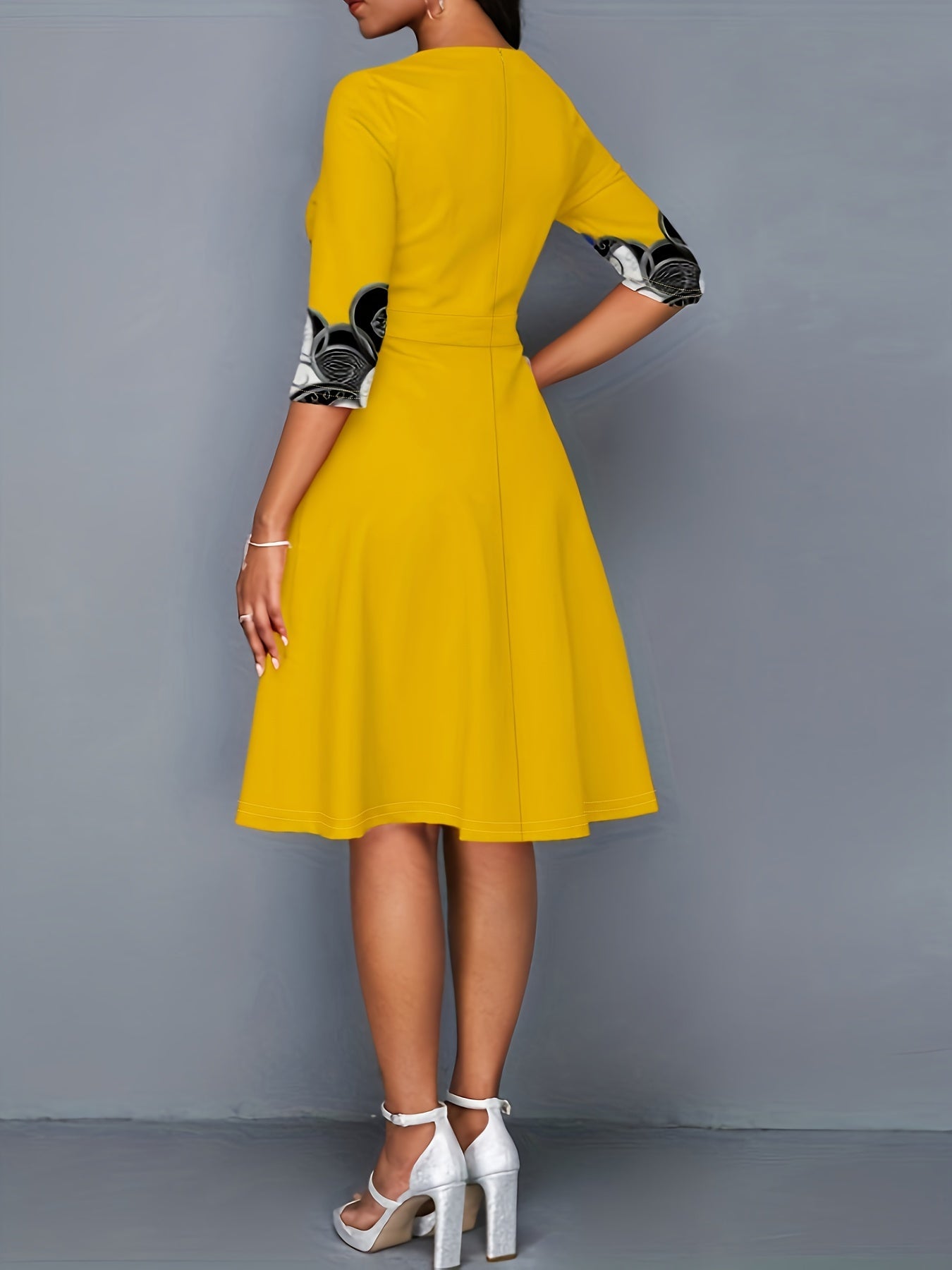 Colorblock Geo Print Round Neck A-line Party Dress