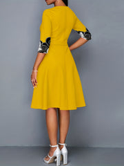 Colorblock Geo Print Round Neck A-line Party Dress