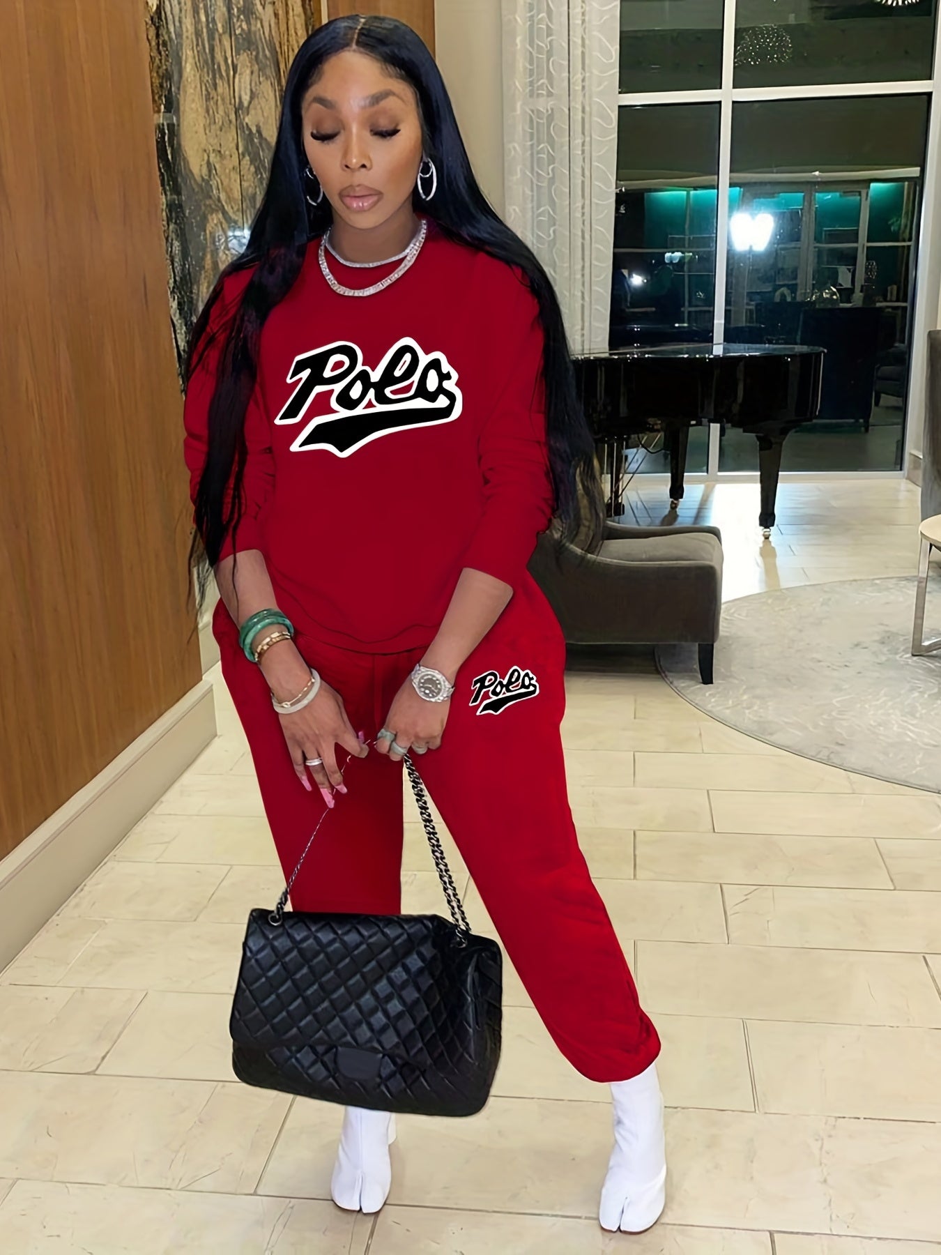 Casual Letter Print Two-piece Set Crew Neck Long Sleeve Tops & Jogger Pants