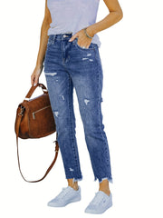 Casual Tapered Jeans Women's Plus Ripped Skinny Denim