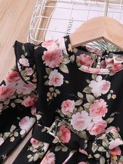 Toddler Girls Floral Print Ruffle Long Sleeve Dress Kids Clothes