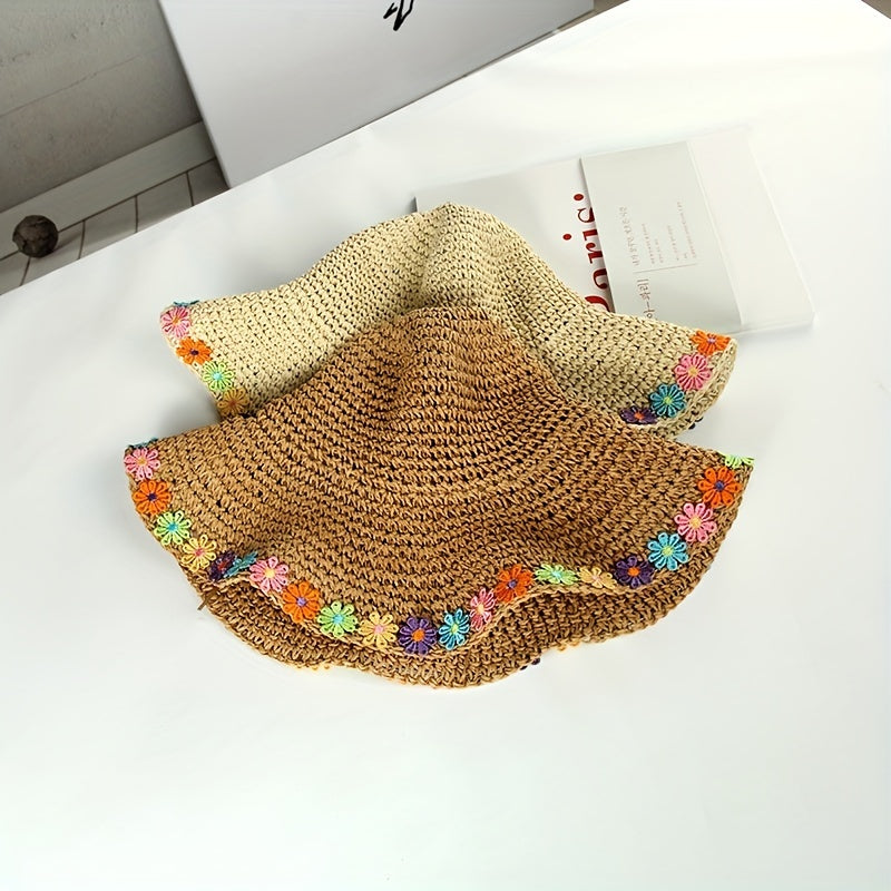 Boho Sun Hat Wide Brim Foldable Straw Bucket Hat