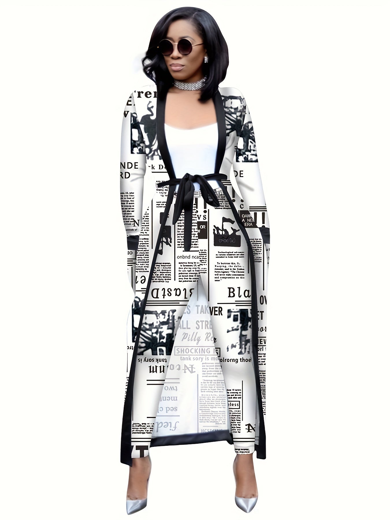 Newspaper Print Long Cardigan & Leggings Set