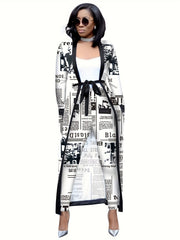 Newspaper Print Long Cardigan & Leggings Set